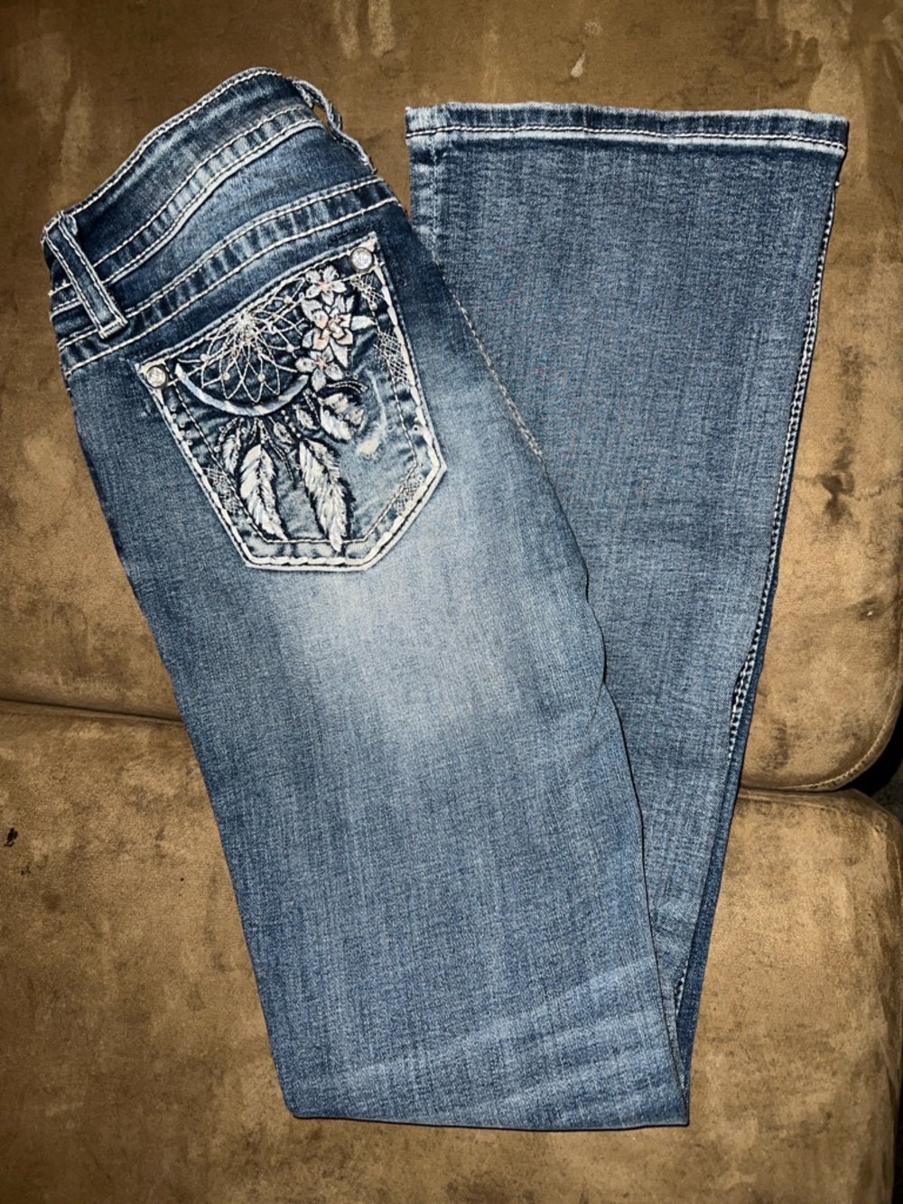 Miss Me Medium Blue Flared Jeans with Embroidered Dreamcatcher Pocket